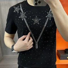 New Men Luxury Star Trend Rhinestones Diamonds Fashion Summer Black T-Shirt