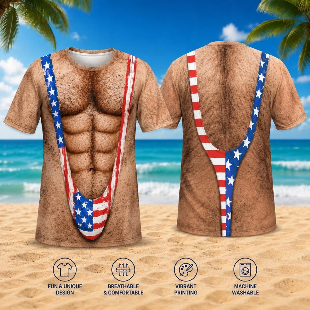 Funny 3D T-Shirt Hairy Body Mankini American Flag Costume Gag Gift