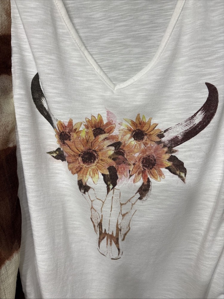Upcycled T-Shirt Steer/Cow Poncho Reworked Fringe Sleeves Boho Fashion 1 SZ Read