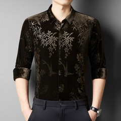 Men Velevt Blouse Shirts Tops Floral Printed Retro Plush Casual Formal Cardigan