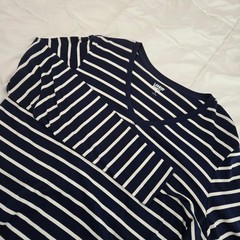 Lands End Mens XL Navy Blue White Striped V-Neck Long Sleeve T-Shirt Cotton