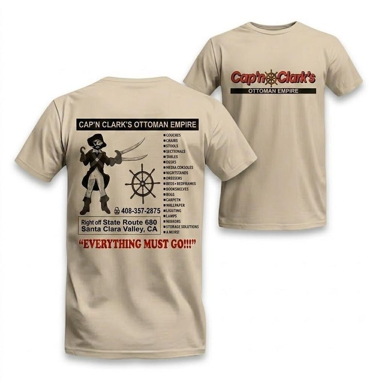 Cap’n Clark’s Ottoman Empire T-Shirt, Funny Pirate Furniture Store Shirt