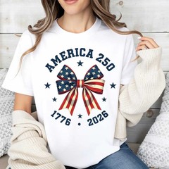 America 250 Stars And Stripes Bow Print T Shirt White Crew Neck Casual Top