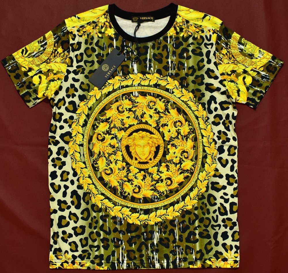 Versace Medusa Leopard Baroque Print T-Shirt Black Gold Style Tee Size M