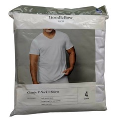 GOODFELLOW Classic T-shirts 100% Cotton WHITE V-NECK 4 ct Soft Stretch – LARGE
