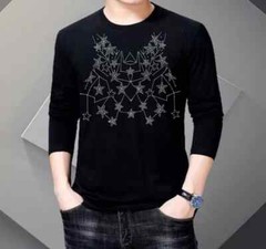 New Men Luxury Diamond Stars Rhinestones Fashion Black Long T-Shirt High Quality