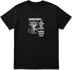 Cat Coffee Moment T-Shirt Funny Unisex Black Tee for Coffee Lovers