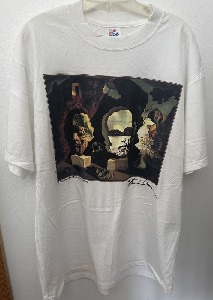 JERZEES 100% Combed Cotton Salvador Dali Art Graphic Tee White L Crew Neck