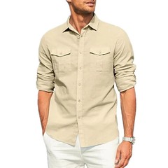 Men’s Cotton Linen Double Pocket Shirt Breathable Casual Smart Fit Holiday Gift