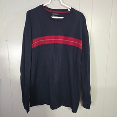 Tommy Hilfiger Long Sleeve Shirt Mens XL Navy Blue Red Stripe Ribbed V-Neck