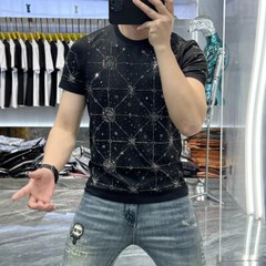 New Fashion Star Rhinestone Summer Short Sleeve Luxury Black White Men T-Shirt