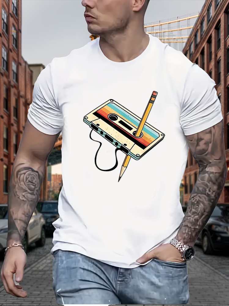 Men Retro Cassette Print T-Shirt – Casual Crew Neck, Slight Stretch, Summer Top▧