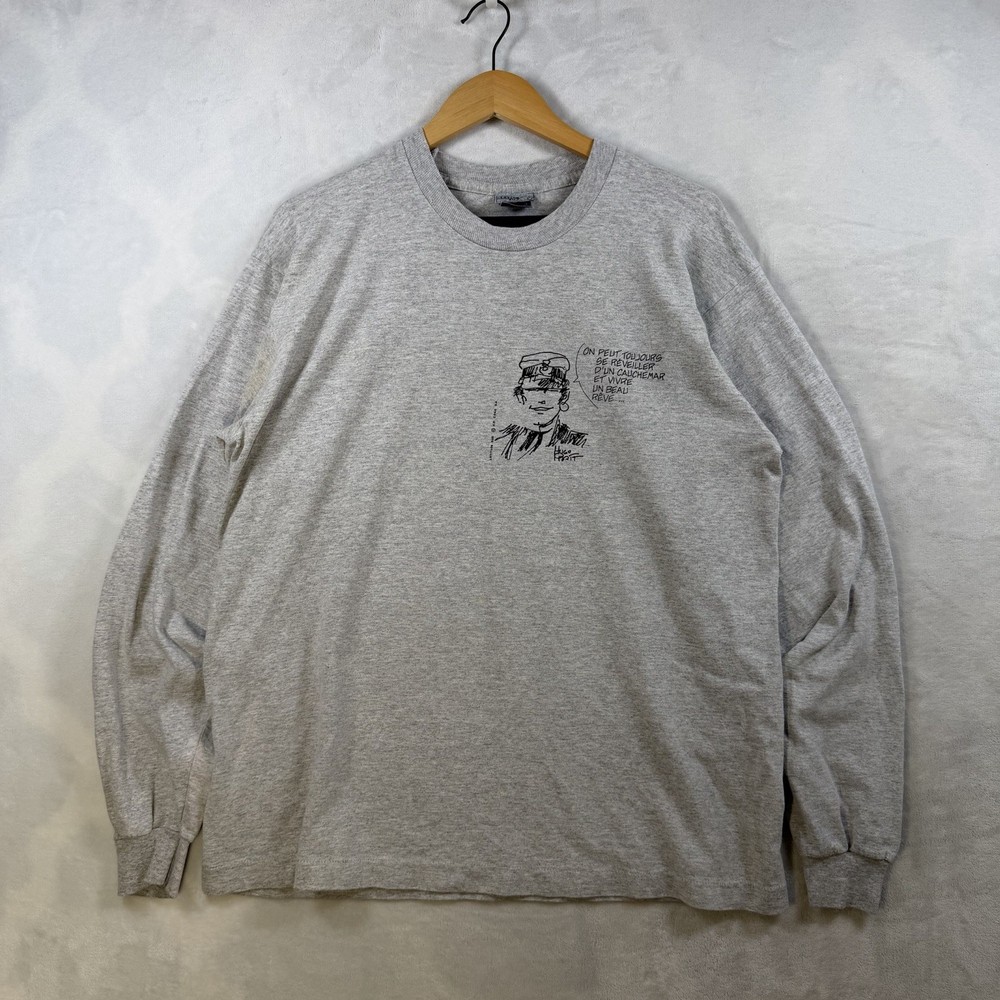 Vintage Hugo Pratt Corto Maltese Italian Comic Shirt Gray Long Sleeve Size XL