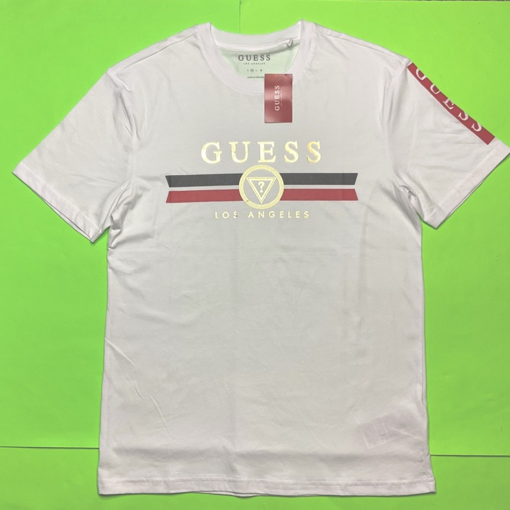 GUESS Los Angeles Men’s Short Sleeve T-Shirt MEDIUM White w/Black, Red, Gold NEW