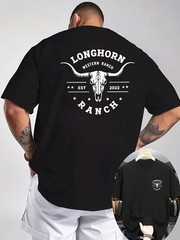 Men’s Western Cowboy Graphic T-Shirt,Bull Skull Print With Texas Ranch Design