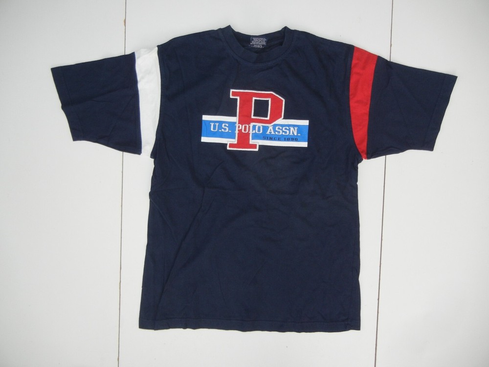 US POLO ASSN Navy Blue/Red Cotton CREW NECK T-SHIRT Big Graphic Logo Men’s L