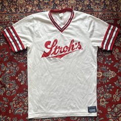 Vtg Strohs Jersey L Beer Lager Logo S/S Tee Bike Athletic Shirt USA 80s Red
