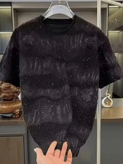 Men Luxury Fashion Trendy Ripped Sequin Diamond Rhinestone Summer T-shirt