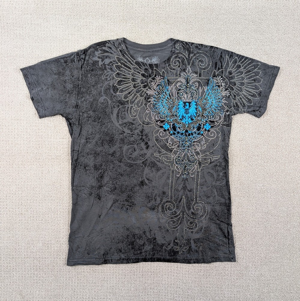 Y2K Xzavier Wings Cross Rhinestone AOP Shirt Men’s Large Gray Affliction Style