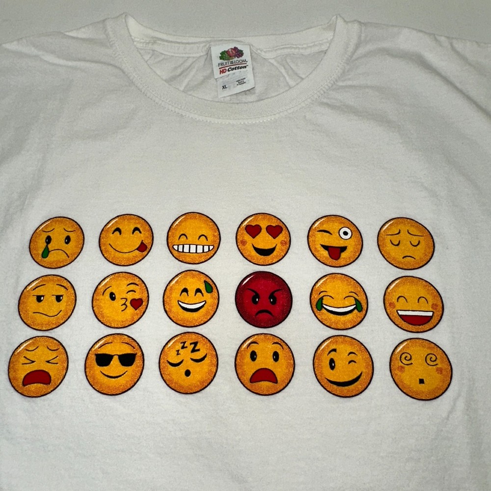 Fruit Of The Loom Men’s XL T-Shirt Emoticon Cute Smileys Face White HD Cotton