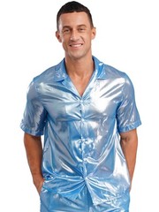 Mens Shiny Metallic Top PVC Leather Wet Look T-Shirt Halloween Beach Pool Party