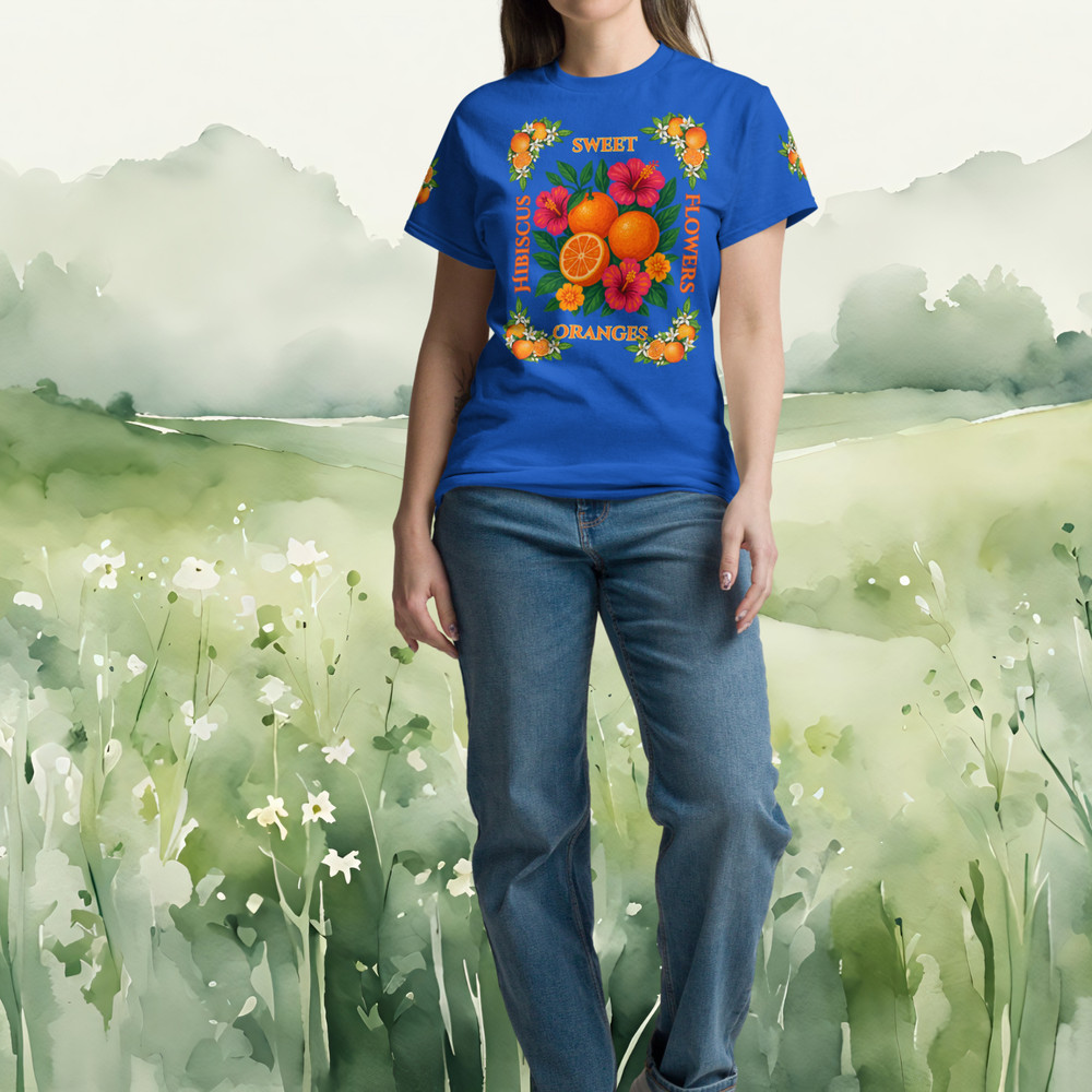 Unisex S-5XL Sweet Oranges and Hibiscus Flowers Summer Tee with Sleeves Graphic