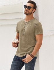 Mens Distressed Henley Shirt Short Sleeve Retro Washed Casual Slim Fit Tee