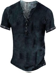 Mens Distressed Henley Shirt Short Sleeve Retro Washed Casual Slim Fit Tee