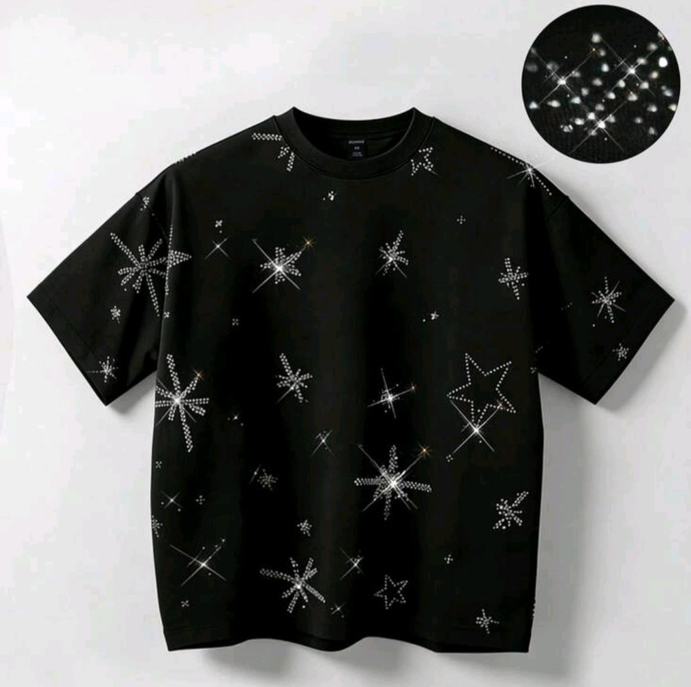 New Men Luxury Diamond Stars Rhinestones Fashion Black T-Shirt High Quality