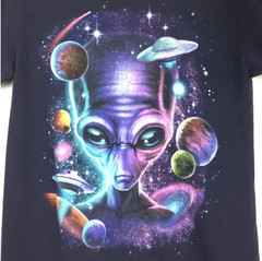Cosmic Alien Space Graphic Tee Shirt Black Mens Small Purple Planets Astronomy