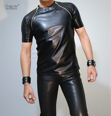 Black Leather Round Neck T shirt Slimfit with zip details, Fits Great