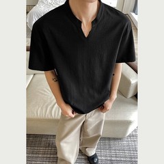 Loose Fit Men’s T-Shirt Imitation Linen V Neck Short Sleeve Summer Top