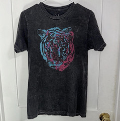 Men’s S Black Acid Wash Tiger Graphic Print Crew Neck Short Sleeve T-Shirt