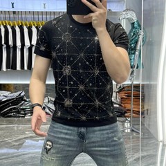 New Fashion Star Rhinestone Summer Short Sleeve Luxury Black White Men T-Shirt