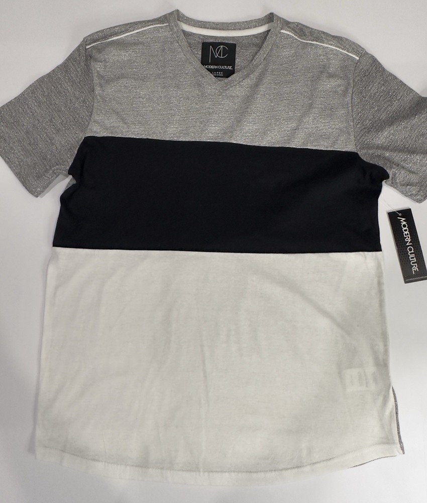 Modern Culture Men’s V-Neck Short Sleeve Colorblock T-Shirt Gray Black White L