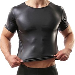 Glossy Pvc Leather Mens Short Sleeve Tops Fitness Club T-shirt New Tops Clothing